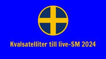 En rund bild med svenska flaggan mot blå bakgrund. Under flaggan står texten "Kvalsatelliter till live-SM 2024"