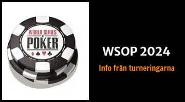 Bild på WSOP:s logga till vänster. Till höger en svart bakgrund där det står "WSOP 2024 Info från turneringarna"