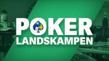 Logga för Pokerlandskampen. I bakgrunden syns stadsbilder från Finland och Sverige.