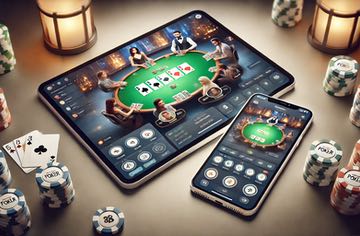 Bilden visar någon som spelar mobilpoker på surfplatta och smartphone. Surfplattan och telefonen ligger på ett bord omgivna av ljuslyktor, pokermarker och spelkort.