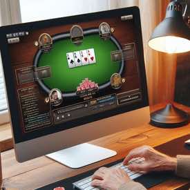 Bilden ska illustrera en person som sitter vid datorn och spelar en pokerturnering i Sverige 