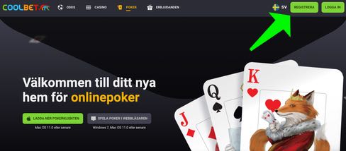 Skärmbild på Coolbet poker och en pil som pekar på var man ska klicka för att registrera sig