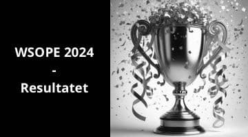 En svartvit bild som innehåller en pokal och texten "WSOPE 2024 - resultatet"