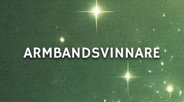 Grön bakgrund med texten 'ARMBANDSVINNARE' i vita versaler, omgiven av ljusa stjärnliknande effekter