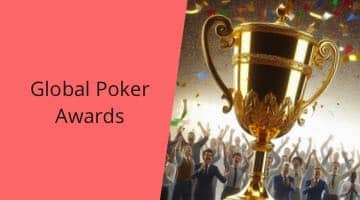 En bild på en pokal och människor som jublar. På vänstra delen av bilden står "Global Poker Awards"