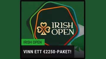 Banner för Irish Poker Open. I bilden finns Irish Open loggan och texten "vinn ett €2250-paket!"